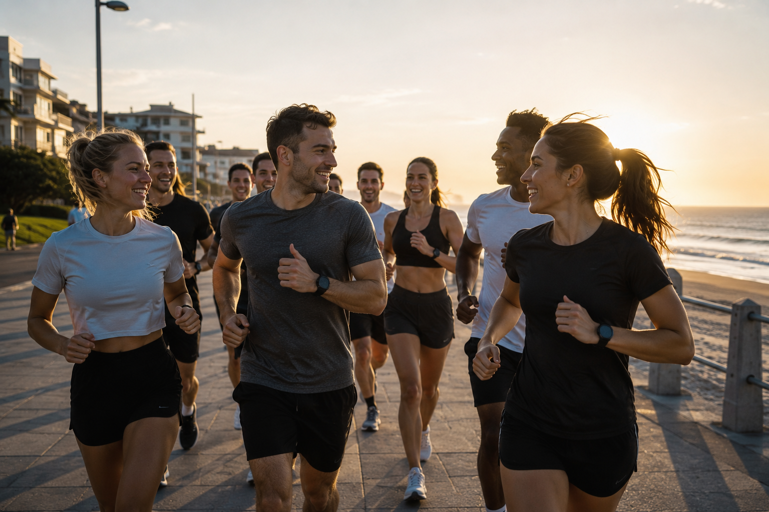 Hardloopgroep aan de kust bij zonsopkomst