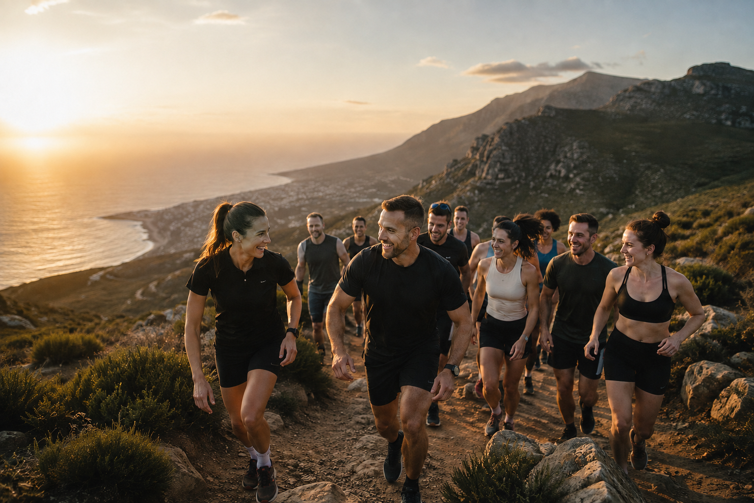 Hardloopgroep op een bergpad bij zonsondergang