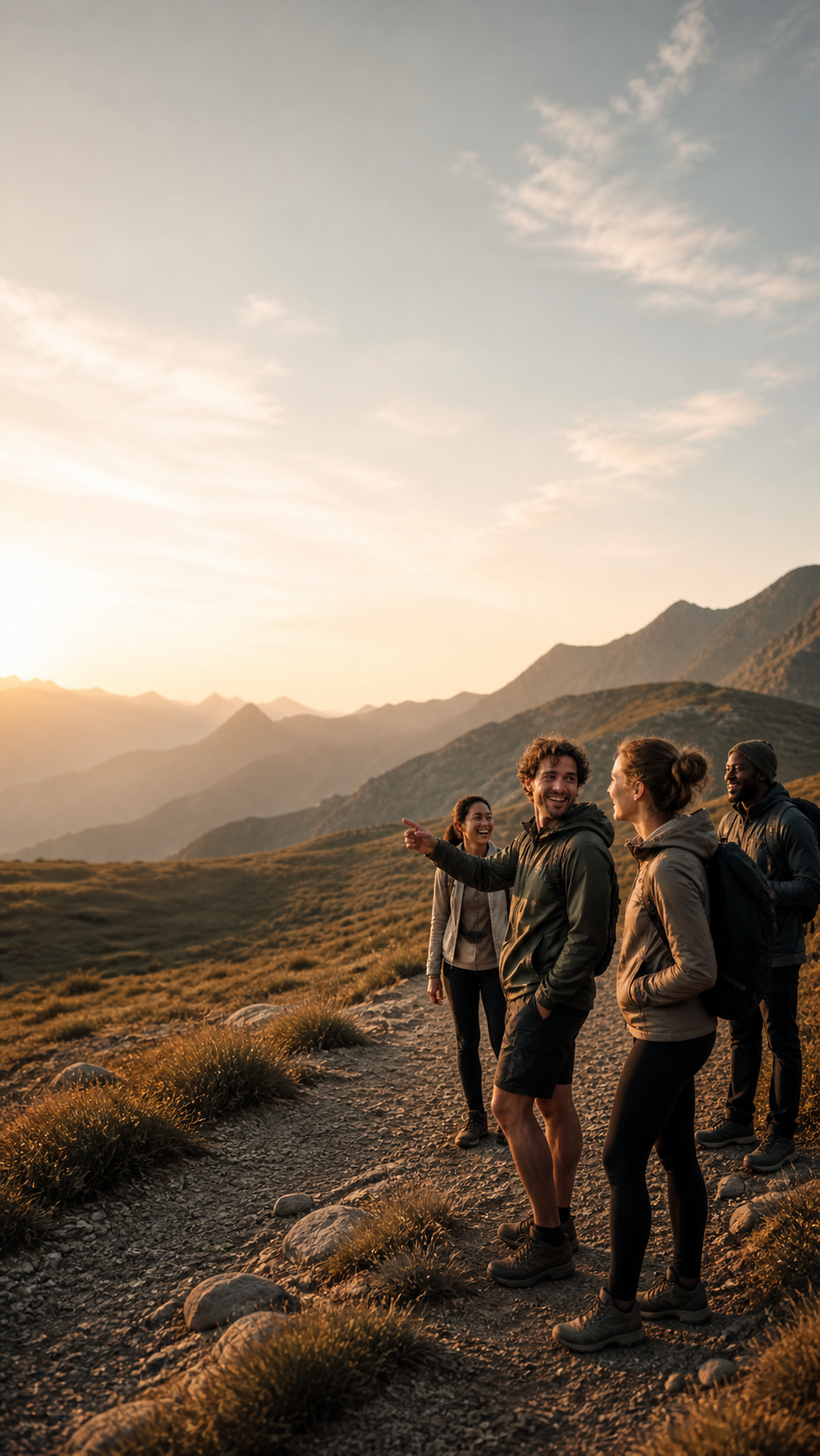 Groep wandelaars in berglandschap bij zonsondergang